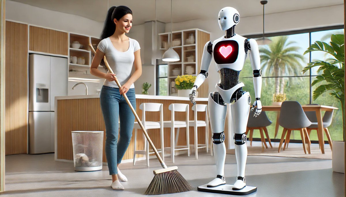 Jackielthequeen's tweet image. The perfect roommate? 🤖✨ This cleaning robot doesn’t complain, doesn’t get tired, and never leaves dishes in the sink. Now, if only it could cook too… 🧹🫧 #FutureOfCleaning #SmartLiving #RobotAssistant #eTatos #AIArt