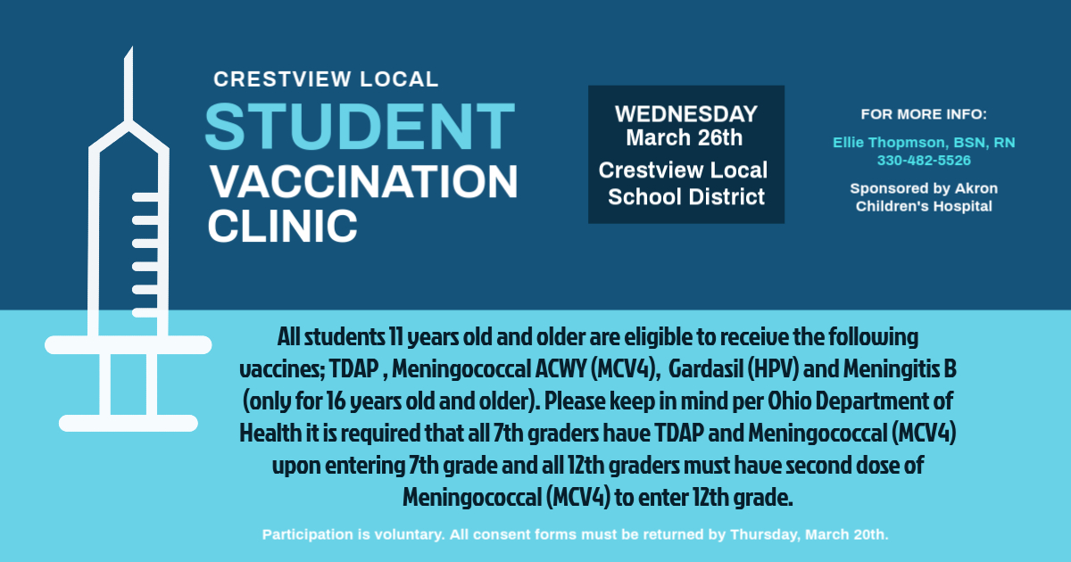 The Akron Children's Vaccine Clinic is coming to Crestview Local on Wednesday, March 26th! 
crestviewlocal.k12.oh.us/quicklinks/new…