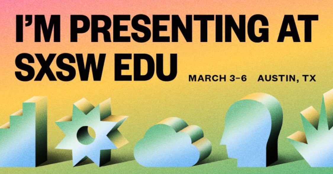 Say howdy if you’re at <a href="/SXSWEDU/">SXSW EDU</a> in Austin. I’ll be speaking at 4:00pm Central today in room 10AB (third floor) on a panel about inclusive education and AI.