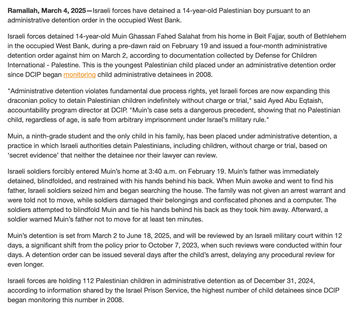 prem_thakker's tweet photo. Israeli forces have detained a 14-year-old Palestinian boy in West Bank. Will detain him for 4 months with no charge or trial.

Soldiers forcibly entered home—gave no warrant. Confiscated devices. Blindfolded, restrained Dad.

Boy awoke. Went to find his dad. Soldiers seized him. https://t.co/ZqLlZNzMjT