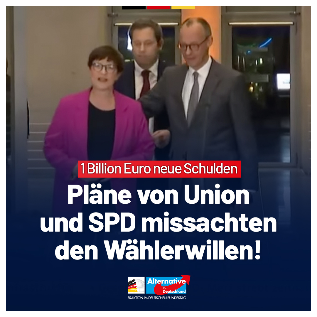 AfD-Fraktion im Deutschen Bundestag 🇩🇪 (@afdimbundestag) on Twitter photo „Die AfD-Fraktion wird die von CDU/CSU und SPD in Aussicht gestellten Anträge zur Kredit-Finanzierung von Verteidigung und Infrastruktur eingehend prüfen, sobald diese im Detail vorliegen.
Wir sehen es als sehr kritisch an, dass diese Maßnahmen noch vom alten Bundestag „Die AfD-Fraktion wird die von CDU/CSU und SPD in Aussicht gestellten Anträge zur Kredit-Finanzierung von Verteidigung und Infrastruktur eingehend prüfen, sobald diese im Detail vorliegen.
Wir sehen es als sehr kritisch an, dass diese Maßnahmen noch vom alten Bundestag