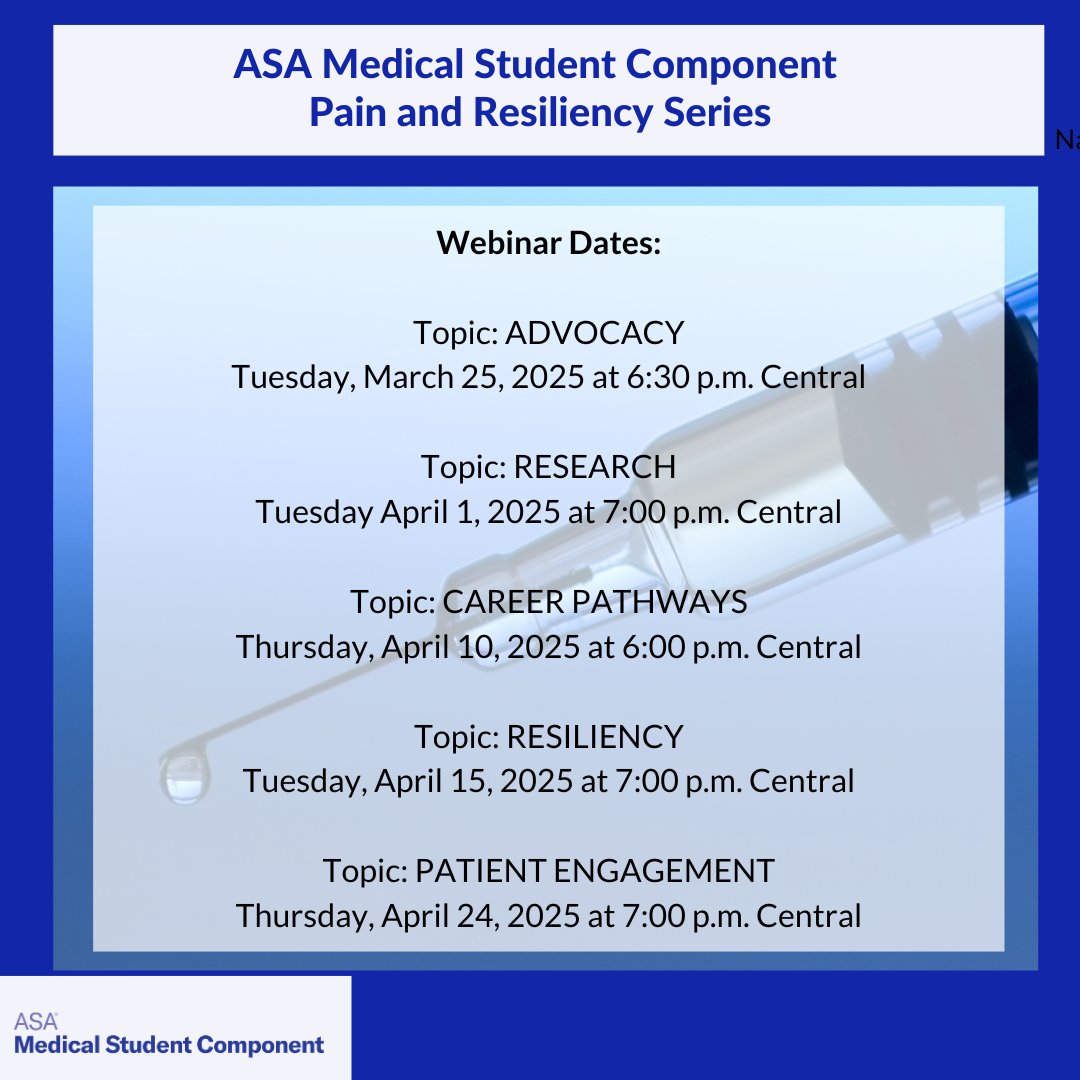 Mark your calendars: Starting March 25, ASA's Medical Student Component will host weekly webinars on chronic pain, addiction medicine, and substance use, among other topics. Details to come! 

#MSCGC #OpioidAwareness #PainAndResiliency