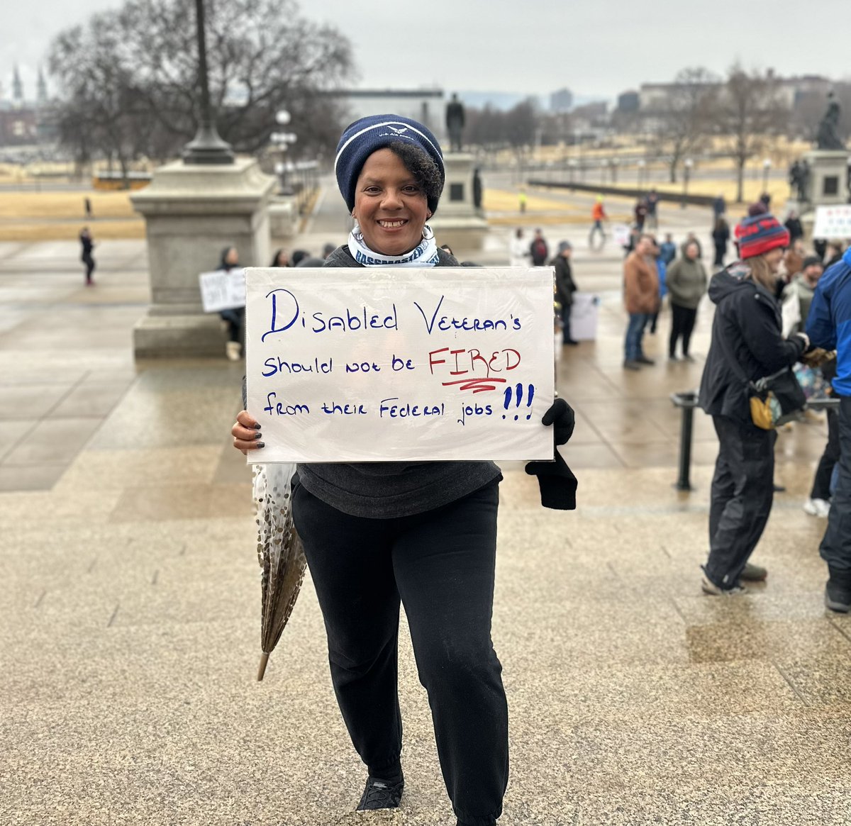 Lette75's tweet image. On February 20th, I was fired from my Federal job, with 2.5 weeks left on my probation. I’m an Air Force retiree and service-connected disabled Veteran with over 24 years of Federal civil service. I’m proud to have participated in my 1st protest. #March4Democracy @FOX9