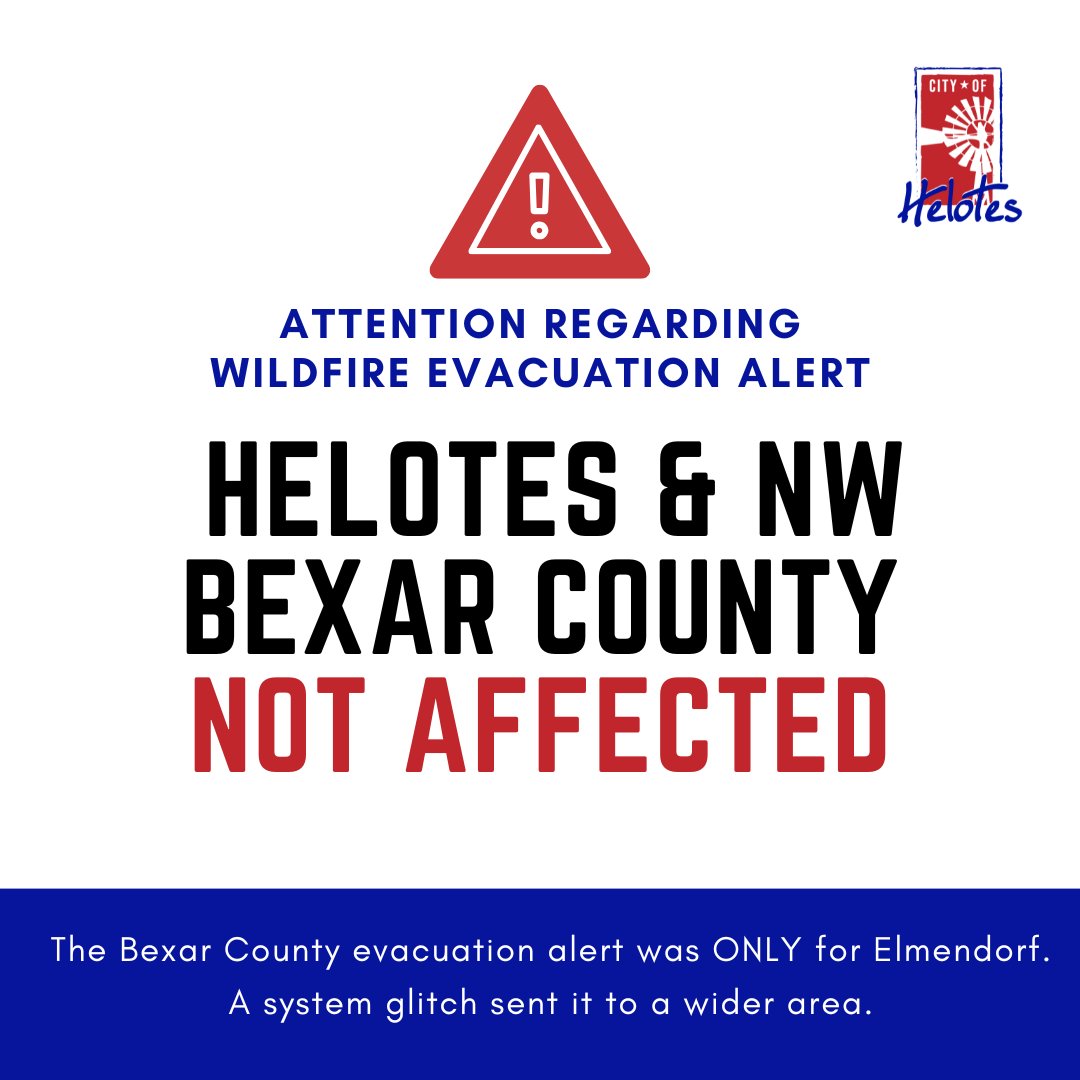 🚨 WILDFIRE EVACUATION ALERT – ELMENDORF ONLY 🚨

The recent Bexar County evacuation message was ONLY for Elmendorf.

- Helotes and northwest Bexar County are NOT affected.
- Officials are fixing a system glitch.