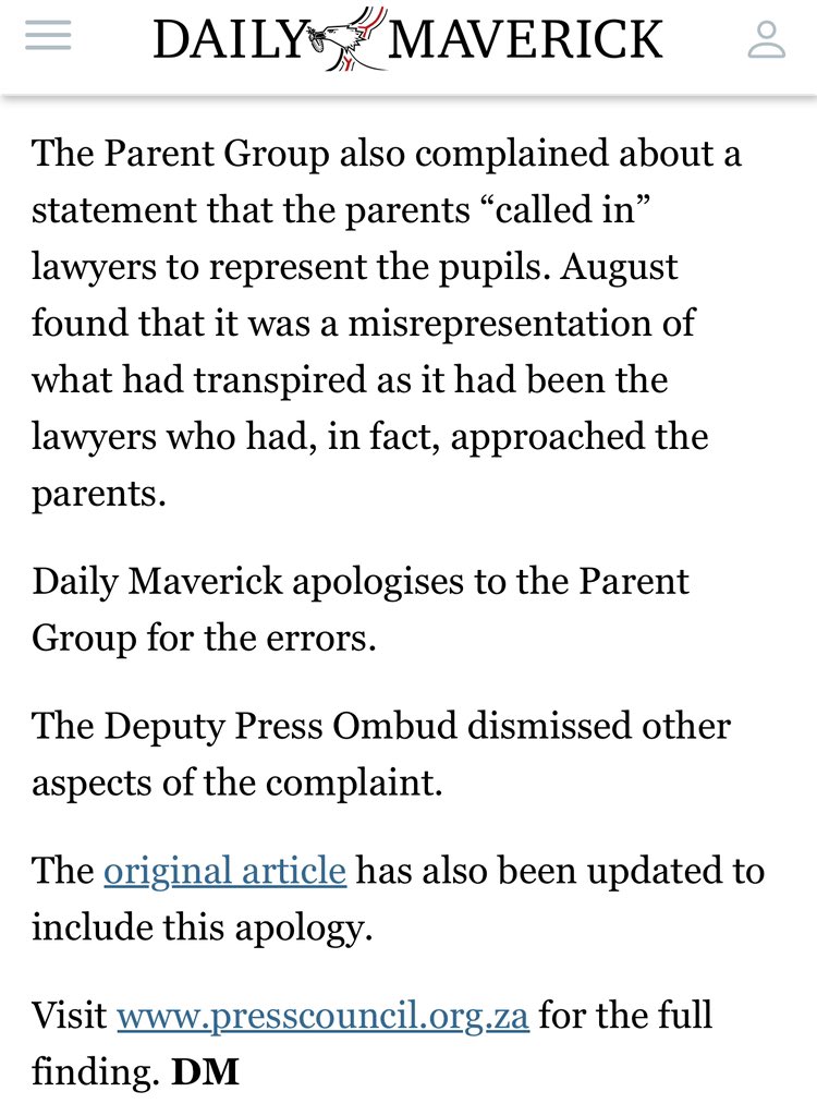 wilkinsoncape's tweet photo. The Daily Maverick apologises to the parents of 12 girls at Pretoria High School for Girls who were wrongfully accused of racism in July 2024. 

An important step forward in the fight against #schoolcapture https://t.co/9xfa8QTqO5