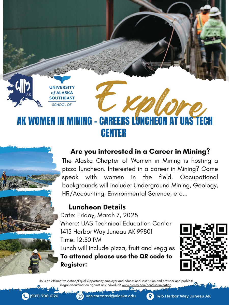 You're invited! Join the #WomenInMining AK, <a href="/uasoutheast/">UASoutheast</a>,and professionals from #CoeurAlaska's #KensingtonMine and Hecla Greens Creek at a Women in Mining Careers Luncheon at the UAS Tech Center in downtown Juneau. Lunch will be provided, please use the QR code to register.