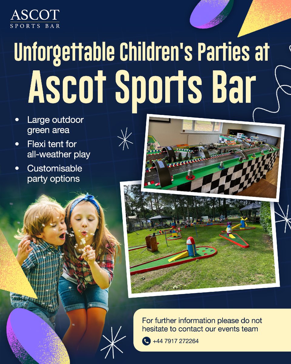 Unforgettable Children's Parties at Ascot Sports Bar 🎈🎁

Large outdoor green area
Flexi tent for all-weather play
Customisable party options

ascotunited.net/events/party-o…

#AscotParties #KidsPartyFun #OutdoorParties #AscotEvents #FamilyFun #PartyTime #KidsBirthday #EventVenue