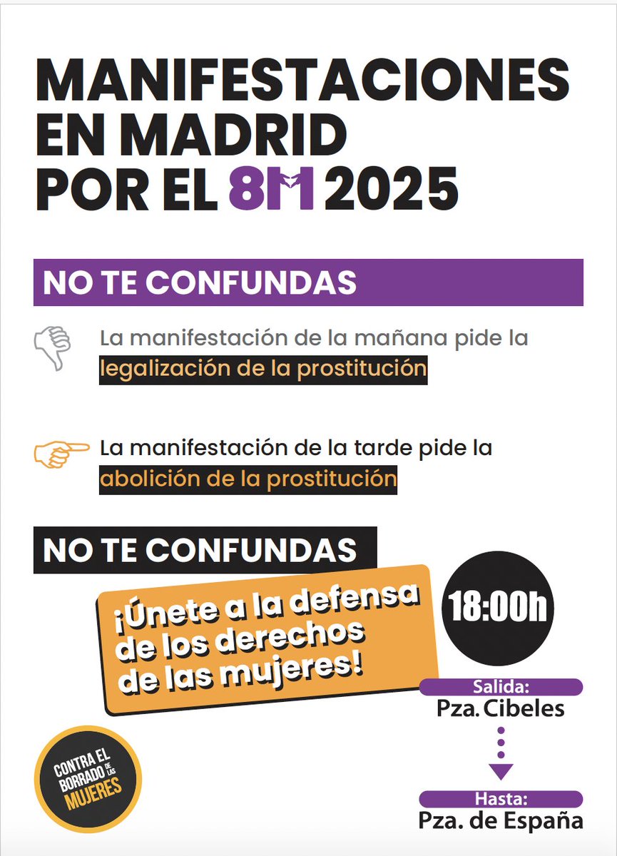 Contra El Borrado de las Mujeres (@contraborrado) on Twitter photo No te confundas.
Madrid #8M:
la manifestación de la mañana pide la legalización de la prostitución.
la manifestación de la tarde pide la abolición de la prostitución.
No te confundas. Únete a la de manifestación del <a href="/MovFemMad/">Movimiento Feminista de Madrid</a> No te confundas.
Madrid #8M:
la manifestación de la mañana pide la legalización de la prostitución.
la manifestación de la tarde pide la abolición de la prostitución.
No te confundas. Únete a la de manifestación del <a href="/MovFemMad/">Movimiento Feminista de Madrid</a>