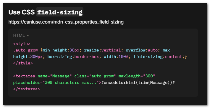 gamesover's tweet image. We previously used Elastic &amp; Autogrow #jquery plugins to grow/shrink textareas as-you-type, but don't need to anymore (kinda).
For Chrome/Edge (not Safari or Firefox yet), there's a new experimental "field-sizing" CSS property that autogrows with the content without using JS.