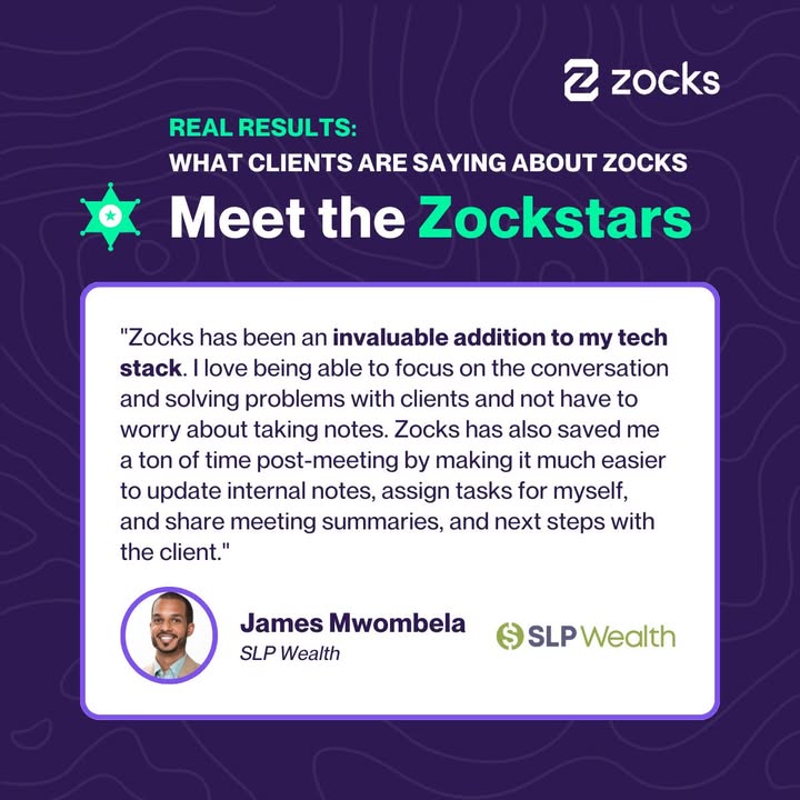 Meet ZockStar James Mwombela!

With Zocks, he’s fully engaged in client conversations—no note-taking needed. Post-meeting tasks? Streamlined. The result? Less admin, better interactions, and a smoother workflow.

Ready to transform your process? 👉 Zocks.io/ROI