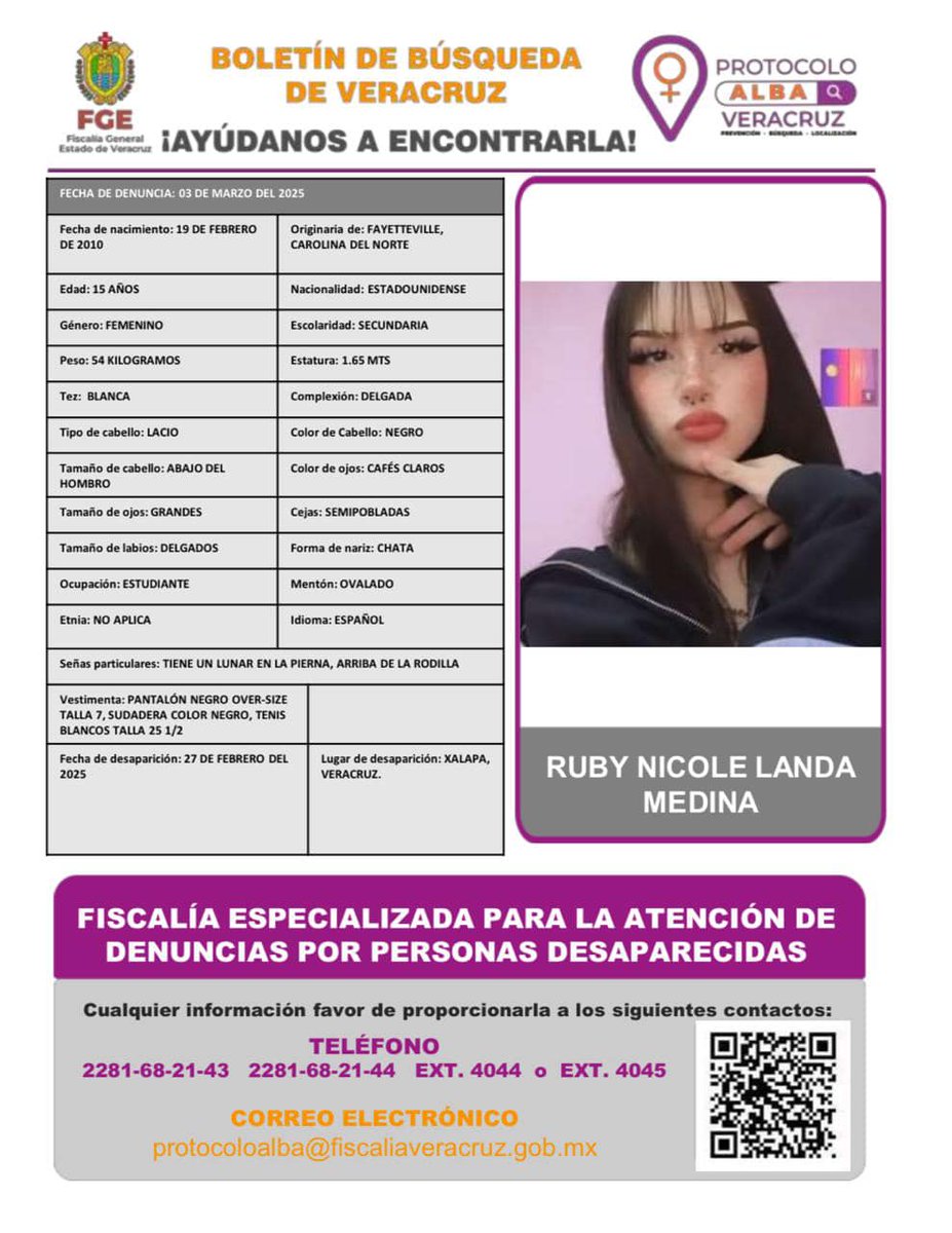#SeBusca 🔎| Se solicita de su colaboración para localizar a la C. Ruby Nicole Landa Medina de 15 años de edad, quien desapareció en #Xalapa, #Veracruz. Se teme por su integridad.
 
🔃Ayudas también compartiendo esta publicación🔃
#ChécaloEnAlCalor