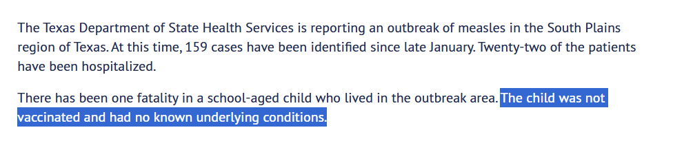 Michael Board (@mikeboard1200) on Twitter photo HUGE MEASLES NEWS: <a href="/TexasHHSC/">Texas HHSC</a> released *new* details on the one death in Texas. The child who died had *no* underlying conditions. He died from the measles. That's it. An otherwise healthy, unvaccinated school-age child died. More proof of how dangerous Measles is. #txlege HUGE MEASLES NEWS: <a href="/TexasHHSC/">Texas HHSC</a> released *new* details on the one death in Texas. The child who died had *no* underlying conditions. He died from the measles. That's it. An otherwise healthy, unvaccinated school-age child died. More proof of how dangerous Measles is. #txlege