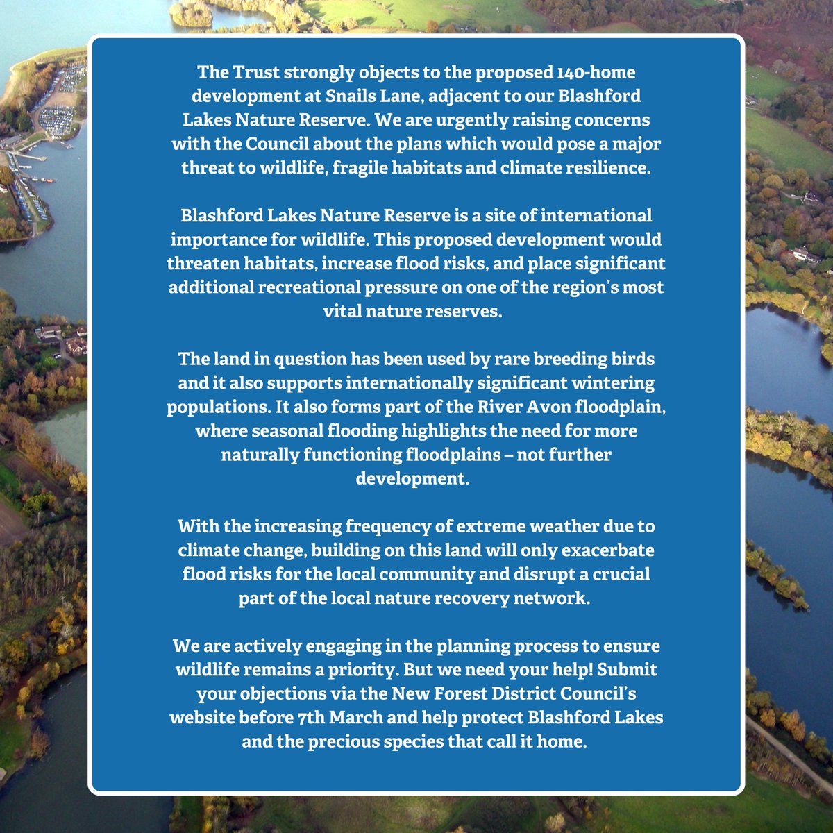 Have your say!
 
A proposed 140-home development at Snails Lane, adjacent to Blashford Lakes Nature Reserve, would pose a major threat to wildlife, fragile habitats and climate resilience. 
 
Make your comments by the 07/03 to speak up for nature. planning.newforest.gov.uk/online-applica…