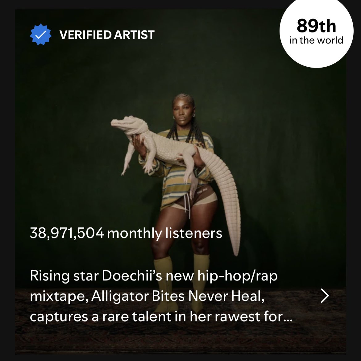 Doechii is currently the 89th most streamed artist in the world on Spotify, becoming her first time to achieve this milestone.