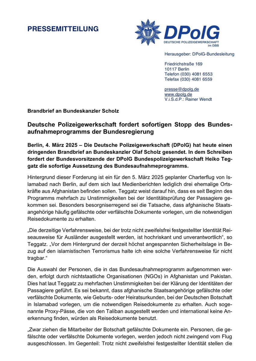 Manuel Ostermann (@m_ostermann) on Twitter photo Wir als <a href="/DPolGBPOLG/">DPolG Bundespolizeigewerkschaft</a> fordern den sofortigen Stopp des Bundesaufnahmeprogamms.
<a href="/HeikoTeggatz/">Heiko Teggatz</a> hat dem Bundeskanzler ein Brandbrief geschrieben.
Diese verantwortungslose Politik muss ein Ende haben. Wir als <a href="/DPolGBPOLG/">DPolG Bundespolizeigewerkschaft</a> fordern den sofortigen Stopp des Bundesaufnahmeprogamms.
<a href="/HeikoTeggatz/">Heiko Teggatz</a> hat dem Bundeskanzler ein Brandbrief geschrieben.
Diese verantwortungslose Politik muss ein Ende haben.