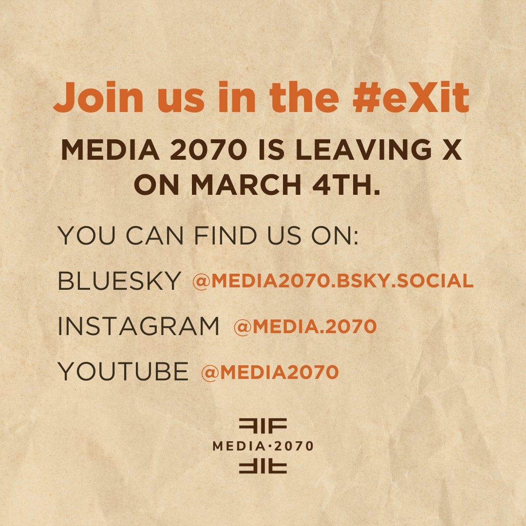🚨 Media 2070 is leaving X 🚨

We're joining <a href="/mediajustice/">MediaJustice</a> and making the move to Bluesky.

X promotes harmful content and the change in algorithms prevents us from building community.

Join us on Bluesky (@media2070.bsky.social). Let's dream up a new media system together. #eXit
