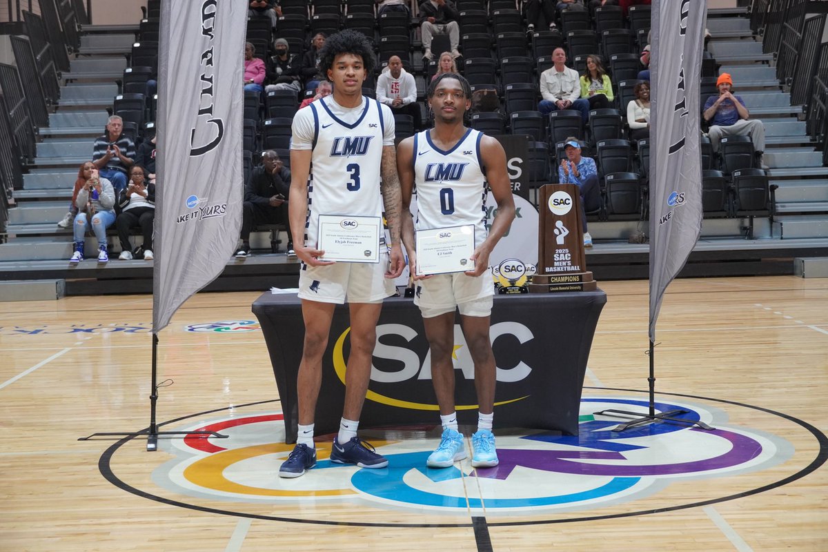 Lincoln Memorial Men’s Basketball (@lmumbb) on Twitter photo Congrats to our guys on being recognized for ALL-SAC Awards
Wes Enis- Player of the Year, Defensive Player of the Year, and 1st Team ALL-SAC
Elyjah Freeman- Freshman of the Year, 1st Team ALL-SAC, ALL-SAC Freshman Team 
EJ Smith - ALL-SAC Freshman Team 
#KeepTheChip | #LMUMBB Congrats to our guys on being recognized for ALL-SAC Awards
Wes Enis- Player of the Year, Defensive Player of the Year, and 1st Team ALL-SAC
Elyjah Freeman- Freshman of the Year, 1st Team ALL-SAC, ALL-SAC Freshman Team 
EJ Smith - ALL-SAC Freshman Team 
#KeepTheChip | #LMUMBB