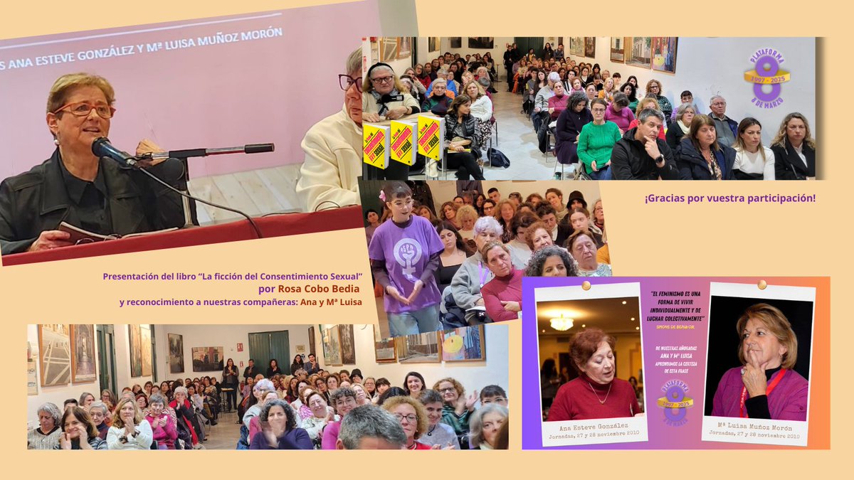 plataforma8demarzo (@plata8demarzo) on Twitter photo Éxito de debate y participación,
gracias <a href="/RosaCoboBedia/">Rosa Cobo Bedia</a>
gracias a todas las participantes
Presentación, en Sevilla, del libro "La ficción del consentimiento sexual" y el reconocimiento a nuestras compañeras Ana y Mª Luisa.
Acto donde aprendimos, compartimos y nos reforzamos
✊♀️ Éxito de debate y participación,
gracias <a href="/RosaCoboBedia/">Rosa Cobo Bedia</a>
gracias a todas las participantes
Presentación, en Sevilla, del libro "La ficción del consentimiento sexual" y el reconocimiento a nuestras compañeras Ana y Mª Luisa.
Acto donde aprendimos, compartimos y nos reforzamos
✊♀️