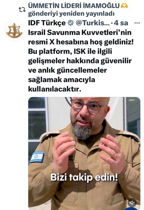 Ekrem İmamoğlu için ümmetin lideri diyen bir X hesabı İsrail savunma kuvvetleri resmi hesabının twitini neden rt eder ki? 

Birisi bana izah edebilir mi?