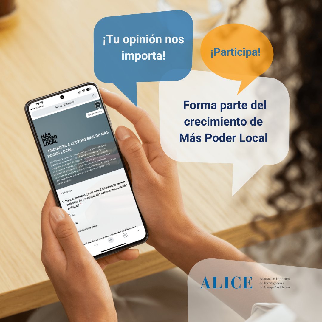 ALICE_compol's tweet image. Desde la revista #MásPoderLocal, editada por #ALICE y el Laboratorio de #ComunicaciónPolítica, queremos conocer qué opinan sobre nuestros contenidos.

Te invitamos a responder esta breve encuesta aquí: forms.office.com/e/PbuS9ya9Li

¡Gracias por ser parte de nuestra comunidad!