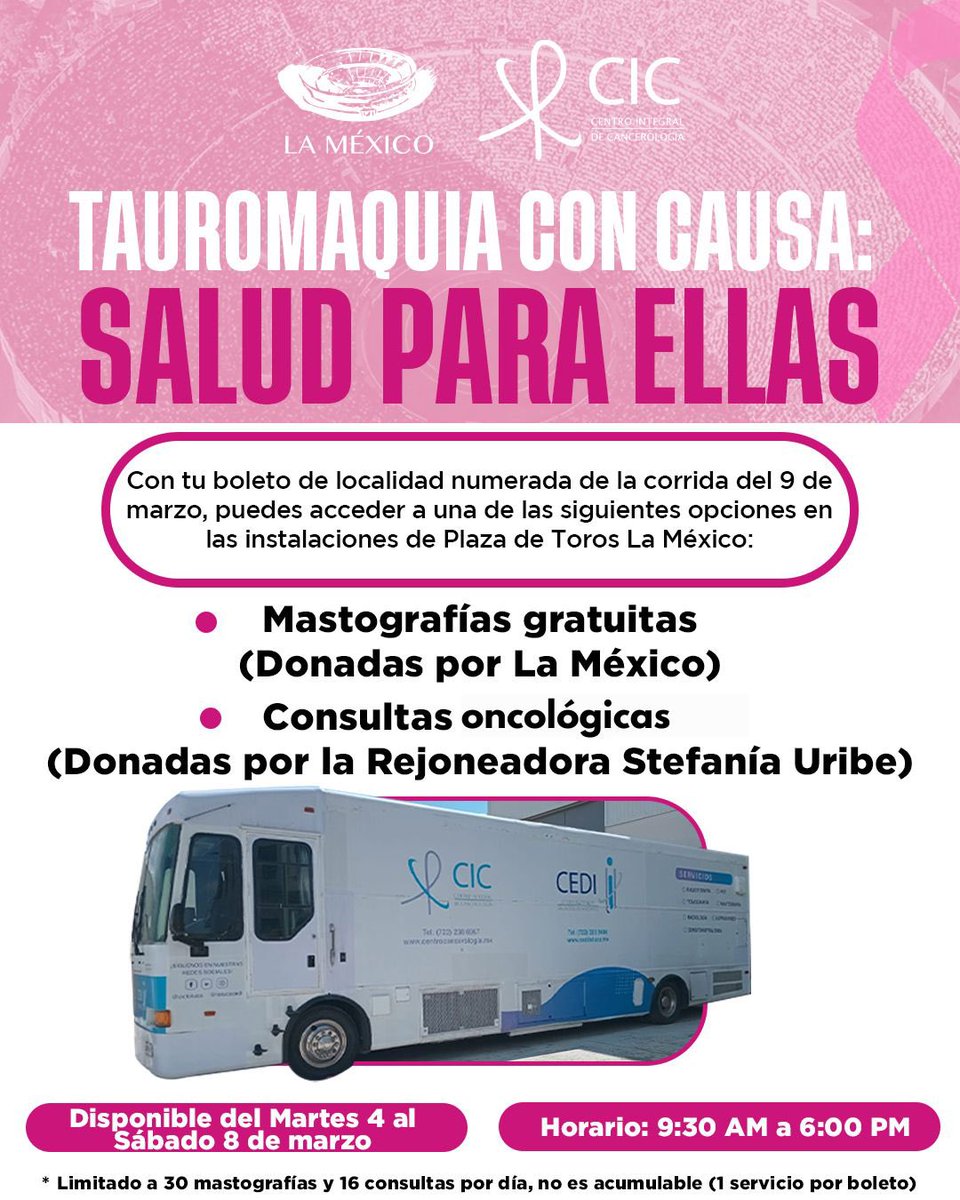ℹ️ 🟣 Información que debes conocer sobre:
🎗️ Tauromaquia con causa: Salud para ellas🎗️
✅ Mastografía gratuita 
✅ Consulta oncológica sin costo (donada por la Rejoneadora Stefania Uribe)

#TauromaquiaConCausa #LaMéxico #9DeMarzo