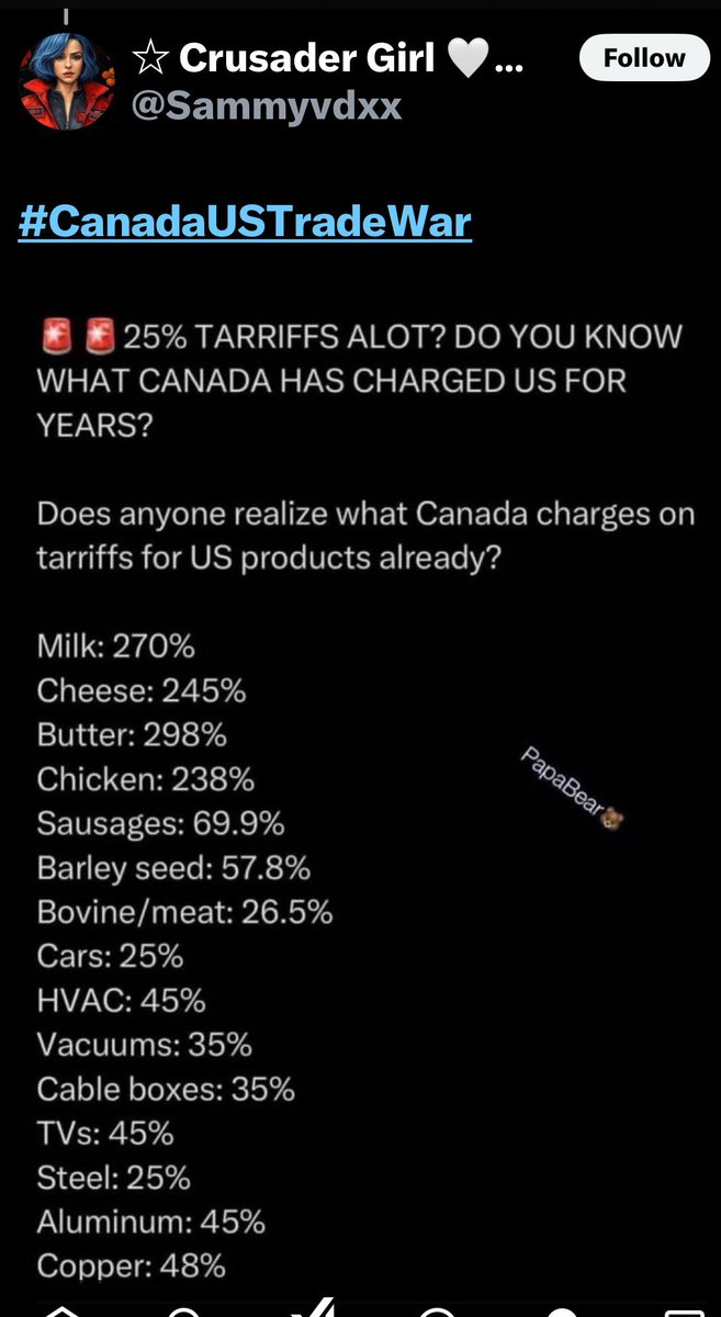 00001Kat's tweet image. #RecipricalTariffs not a #TradeWar #fairTrade
Don’t like high tariffs? Lowers YOURS on the US
I guess you could say Americans are tired of bending over for our “friends”