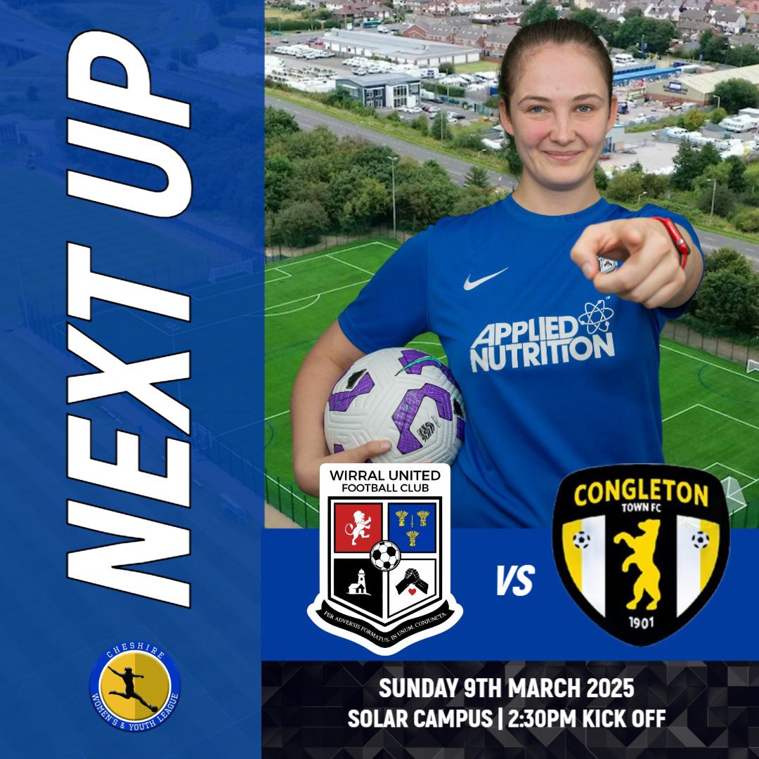 ⚽️🔵⚪️THIS SUNDAY - CHESHIRE CHALLENGE CUP LAST 16 ⚪️🔵⚽️

The two sides have met previously this season with Wirral winning 4-0 at home in November &amp; earlier this year drawing 0-0 away from home with only 11 players.

KO is 2:30pm, why not come down and support the girls? 💙