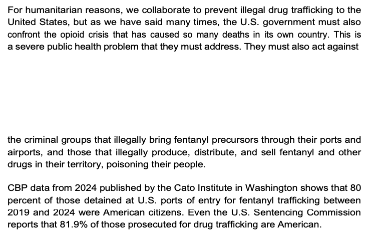 Mexican President <a href="/Claudiashein/">Claudia Sheinbaum Pardo</a> notes in a statement that it is in fact U.S. citizens doing the fentanyl trafficking