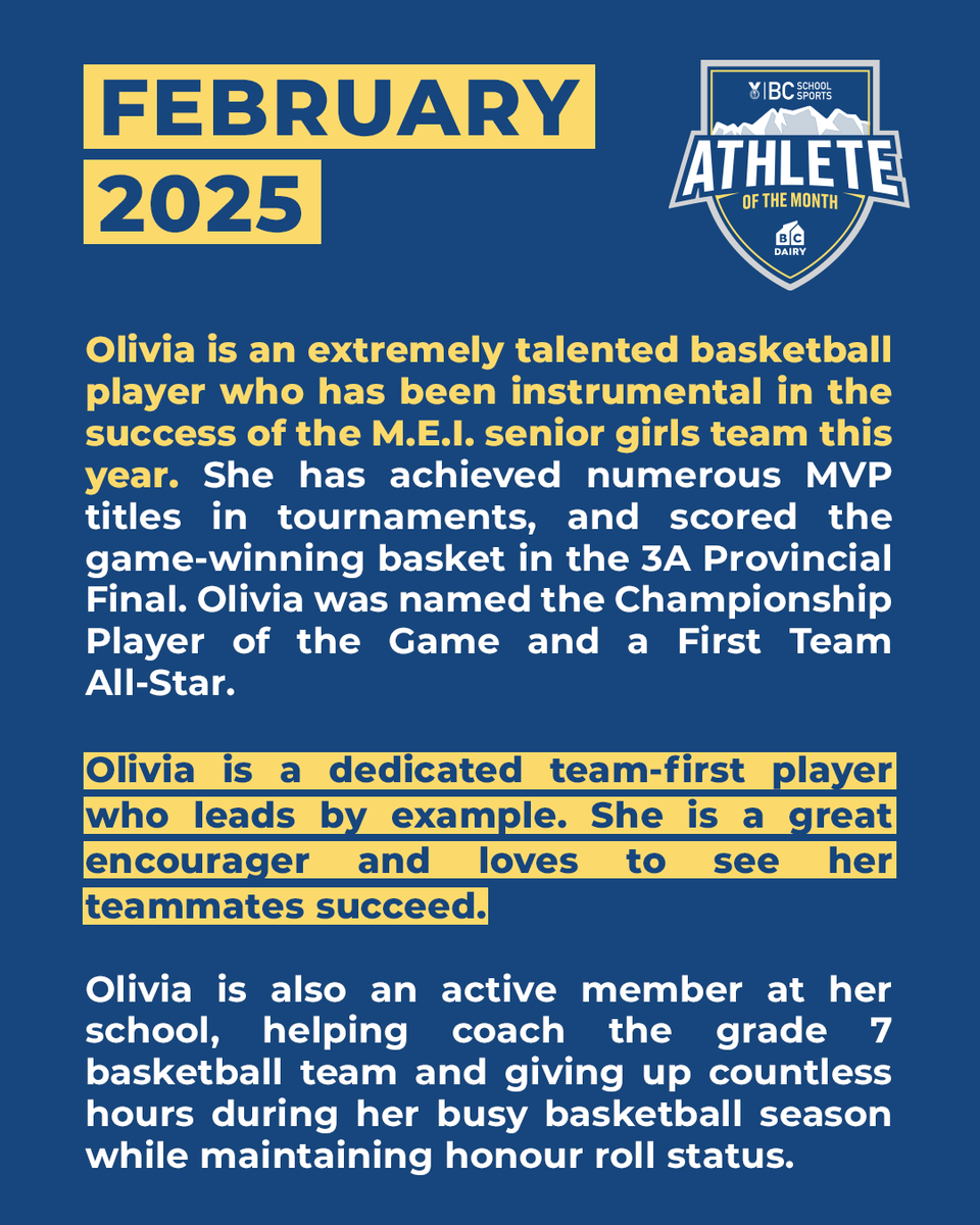 "She is a great encourager and loves to see her teammates succeed." Congratulations to our February 2025 Athlete of the Month Presented by <a href="/BCMilk/">BC Dairy</a>, Olivia Sidhu from <a href="/MEI_Sportz/">MEI Sports Extra</a>! #BCSSProvincials