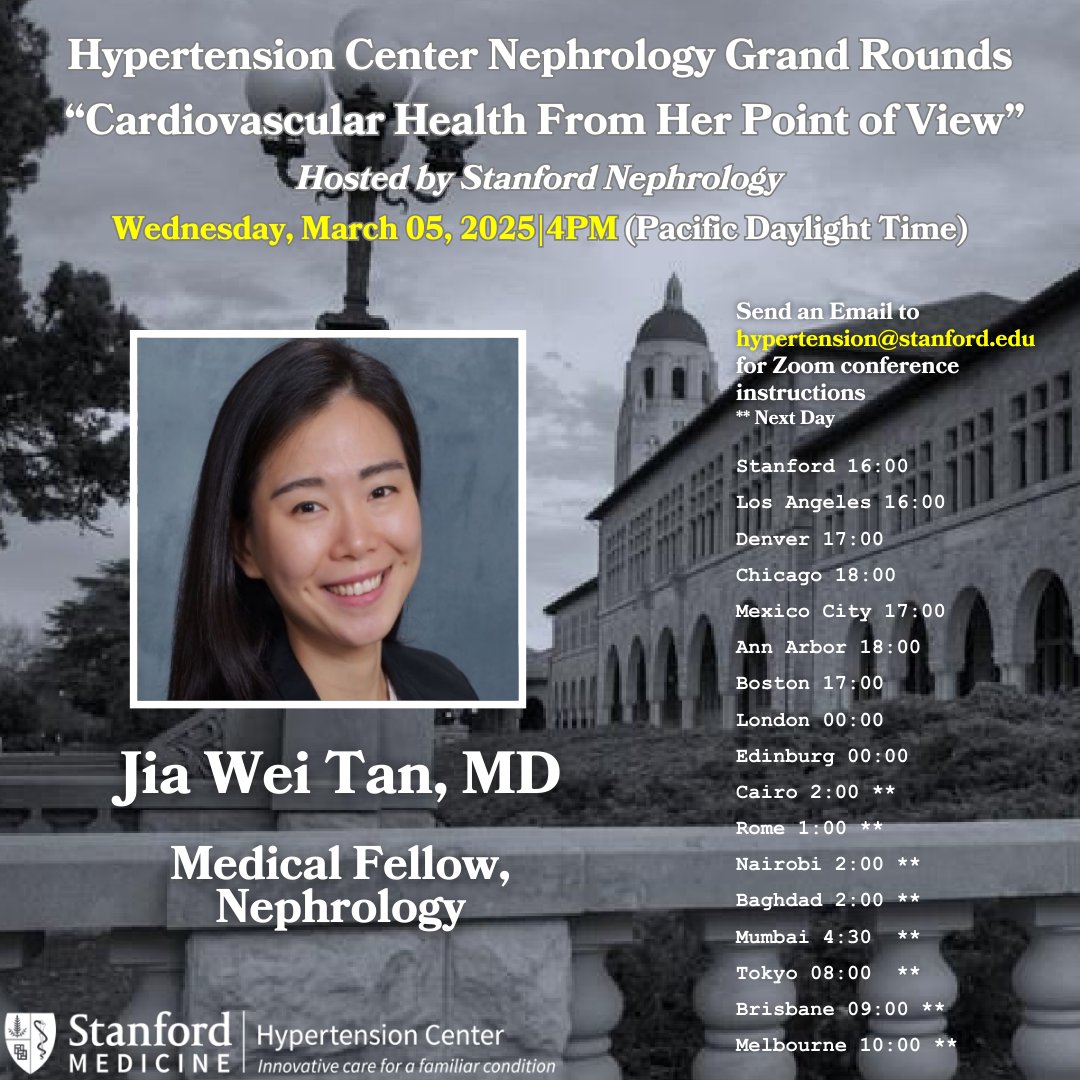Stanford_HTN_Center (@stanford_htn) on Twitter photo Join us Wednesday, March 5th 4:00PM - 5:00PM for a #Hypertension conference: "“Cardiovascular Health From Her Point of View” with Dr. Jia Wei Tan!
<a href="/StanfordNeph/">Stanford Nephrology</a>
Please email hypertension@stanford.edu for the zoom link to join. Join us Wednesday, March 5th 4:00PM - 5:00PM for a #Hypertension conference: "“Cardiovascular Health From Her Point of View” with Dr. Jia Wei Tan!
<a href="/StanfordNeph/">Stanford Nephrology</a>
Please email hypertension@stanford.edu for the zoom link to join.