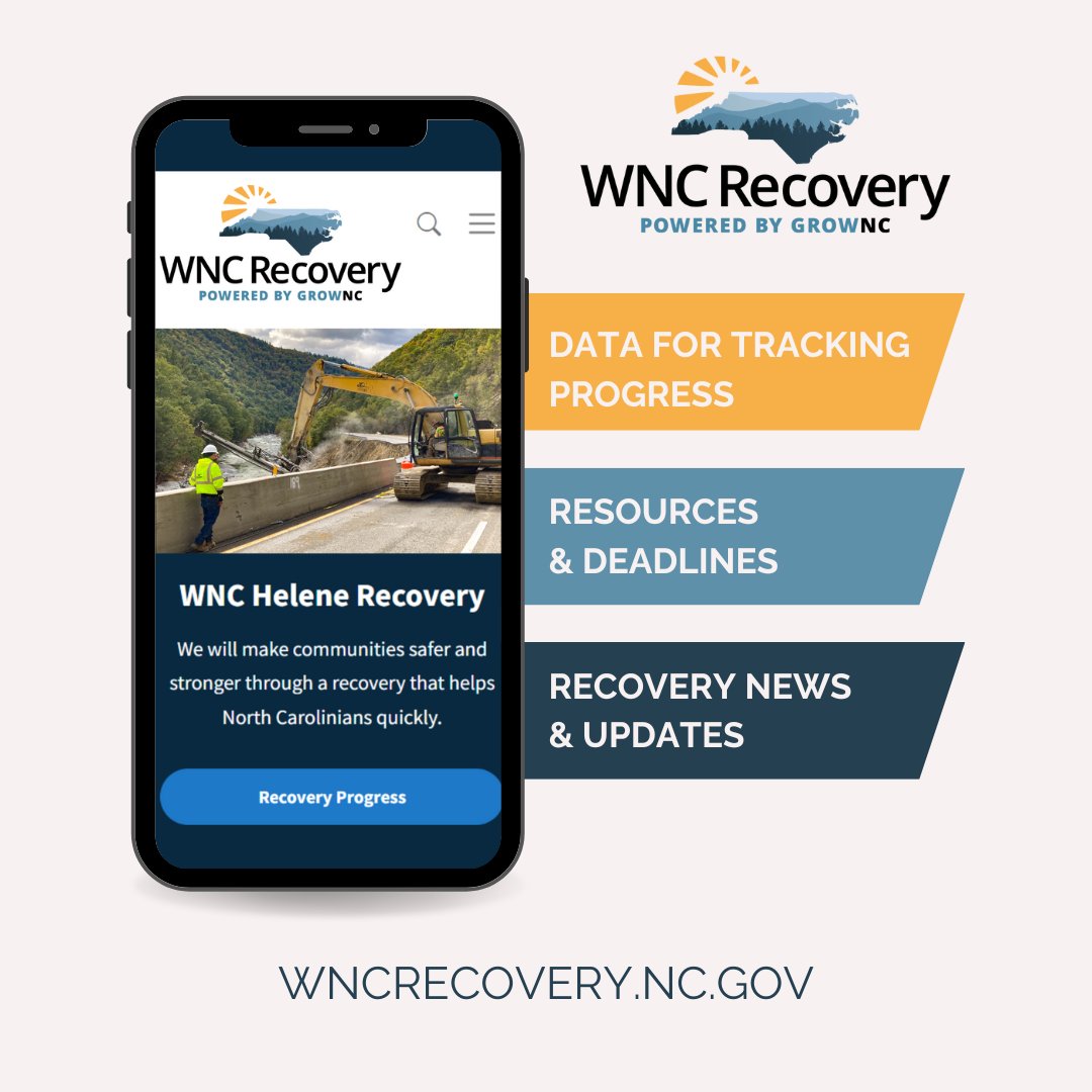 WNC Recovery from Hurricane Helene is a top priority for NC, led by the Governor’s Recovery Office for Western North Carolina (GROW NC). Stay connected with recovery resources and progress at wncrecovery.nc.gov.
