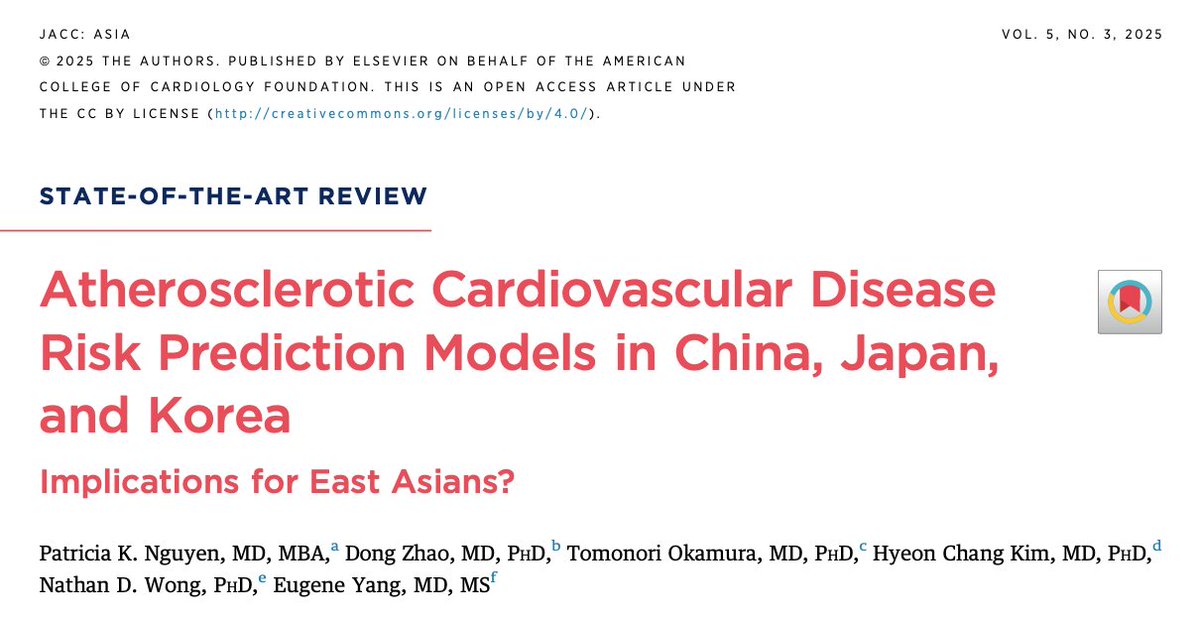 Eugene Yang (@dreugeneyang) on Twitter photo Excited to share our JACC Asia State of the Art Review: Atherosclerotic Cardiovascular Disease Risk Prediction Models in China, Japan, and Korea: Implications for East Asians? #JACCAsia <a href="/ACCinTouch/">American College of Cardiology</a> <a href="/JACCJournals/">JACC Journals</a>
sciencedirect.com/science/articl…
<a href="/HyeonChangKim1/">Hyeon Chang Kim</a> <a href="/DrNathanWong/">Nathan Wong</a> Excited to share our JACC Asia State of the Art Review: Atherosclerotic Cardiovascular Disease Risk Prediction Models in China, Japan, and Korea: Implications for East Asians? #JACCAsia <a href="/ACCinTouch/">American College of Cardiology</a> <a href="/JACCJournals/">JACC Journals</a>
sciencedirect.com/science/articl…
<a href="/HyeonChangKim1/">Hyeon Chang Kim</a> <a href="/DrNathanWong/">Nathan Wong</a>