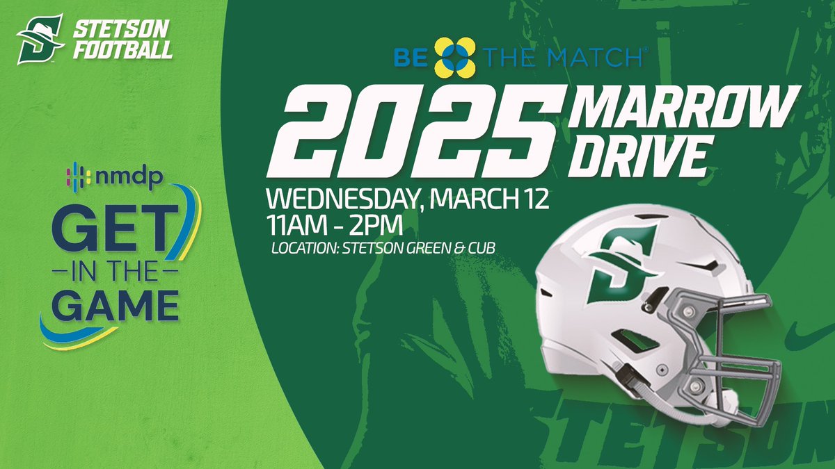 Stetson Football (@stetsonfootball) on Twitter photo ๐๐๐ฉ ๐๐ฃ ๐ฉ๐๐ ๐๐๐ข๐!
Our <a href="/nmdp_org/">NMDP</a> Marrow Drive is coming up.
๐๏ธ March 12
โฐ 11 AM - 2 PM
๐CUB
#GoHatters | <a href="/StetsonHatters/">Stetson Hatters</a> | <a href="/StetsonU/">Stetson University</a> ๐๐๐ฉ ๐๐ฃ ๐ฉ๐๐ ๐๐๐ข๐!
Our <a href="/nmdp_org/">NMDP</a> Marrow Drive is coming up.
๐๏ธ March 12
โฐ 11 AM - 2 PM
๐CUB
#GoHatters | <a href="/StetsonHatters/">Stetson Hatters</a> | <a href="/StetsonU/">Stetson University</a>