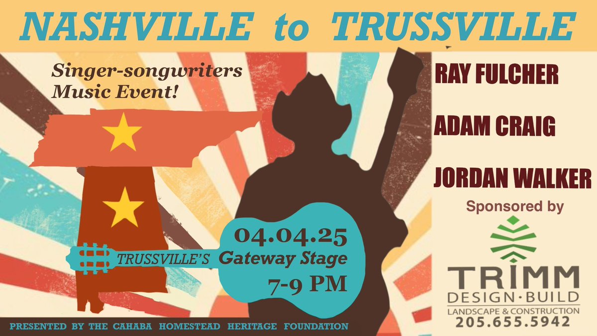 Thank you, Trimm Design Build, for sponsoring the singer-songwriter writer's round on April 4 as part of #HeritageDays! We can't wait for a fun night at The Gateway - Trussville Entertainment District!