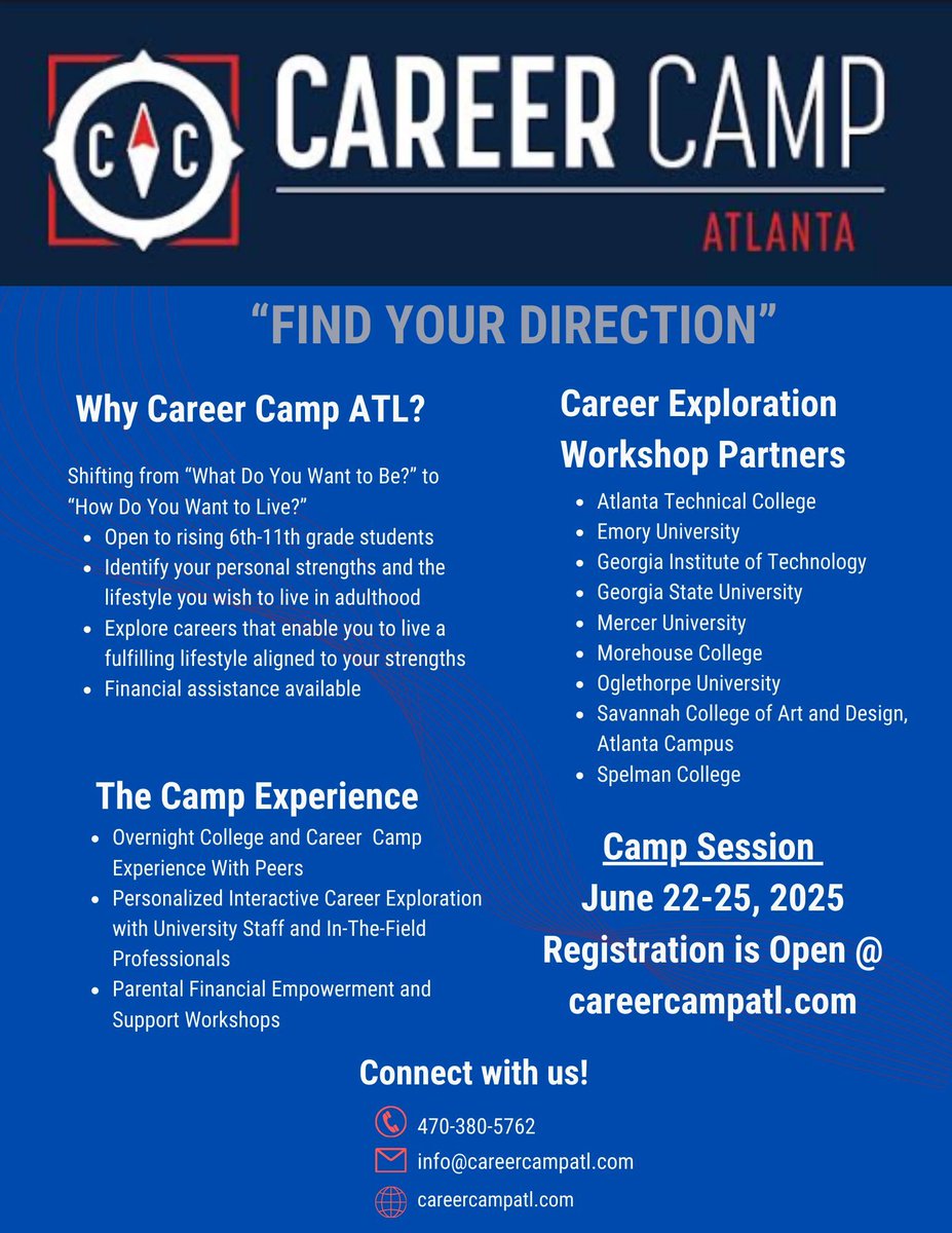 🚀 Career Camp ATL 2025 – Find Your Direction! 🎯

Calling all parents of rising 6th-11th graders! Are you ready for your child to explore their future and discover careers that align with their strengths? Let them join Career Camp ATL! careercampatl.com
