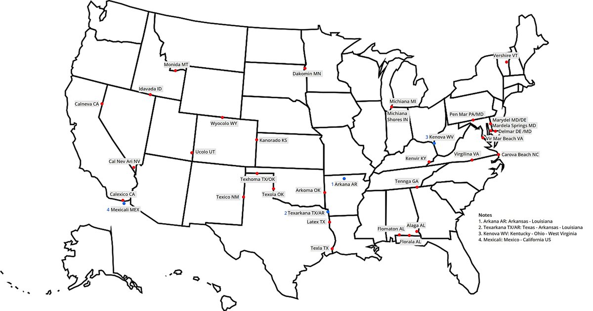 U.S. Stateline Towns with Portmanteau Place Names