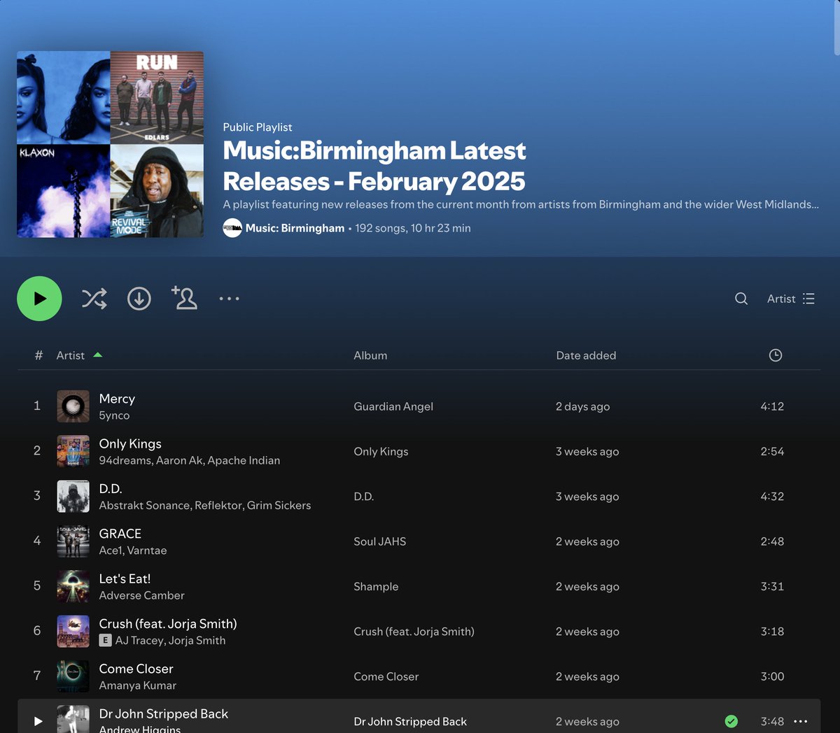 Birmingham:Music February 192 new tracks from Birmingham &amp; the wider region ft <a href="/BenjaminHaycock/">Benjamin Haycock</a> <a href="/BigDopeP/">BIG DOPE P</a> <a href="/dukekeats/">𝕯𝖚𝖐𝖊 𝕶𝖊𝖆𝖙𝖘</a> <a href="/bryonywmusic/">Bryony Williams</a> <a href="/fergy_lh/">Fergy LH</a> <a href="/ElleChanteUk/">Elle Chante</a> <a href="/FIASQO/">Fiasqo</a> <a href="/GeorgieRiot/">GEORGIE RIOT</a> <a href="/Jaydonclover/">nospaces</a> <a href="/MAYDAYMUSIC/">¡MAYDAY!</a> <a href="/NathanDawe/">Nathan Dawe</a> <a href="/_Nightingales/">The Nightingales</a> <a href="/KofiStone_/">Kofi Stone</a>  &amp; much more! open.spotify.com/playlist/5VbDE…