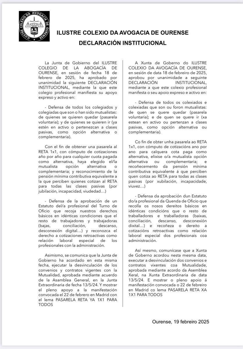 plataformareta's tweet photo. El día 19 de febrero el @Icaourense apenas 5 días después de tomar posesión la nueva junta, se desvinculó de @Mutualidad, hoy tenemos que felicitar a @AbogaciaMalaga por haber acordado seguir el mismo camino. La abogacía avanza! #Eshoradecambio 
#Pasarela1x1AlRetaParaTodos https://t.co/5g1F8nf38l