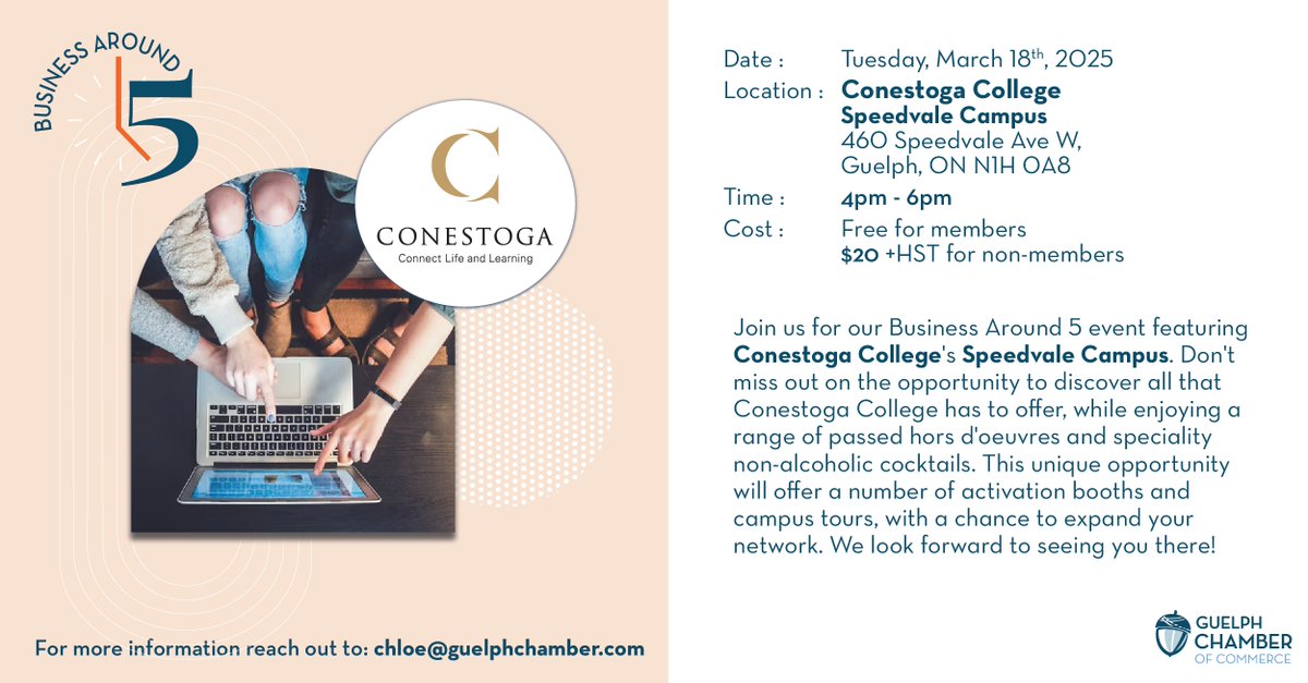 Guelph Chamber (@guelphchamber) on Twitter photo 🚀 Join us for our next #BusinessAround5 at
<a href="/ConestogaC/">Conestoga College</a> 's Speedvale Campus on March 18th! Enjoy hors d'oeuvres, specialty cocktails, campus tours, activation booths, and great networking opportunities. Register today! #GuelphChamber
bit.ly/4jDs1KC 🚀 Join us for our next #BusinessAround5 at
<a href="/ConestogaC/">Conestoga College</a> 's Speedvale Campus on March 18th! Enjoy hors d'oeuvres, specialty cocktails, campus tours, activation booths, and great networking opportunities. Register today! #GuelphChamber
bit.ly/4jDs1KC