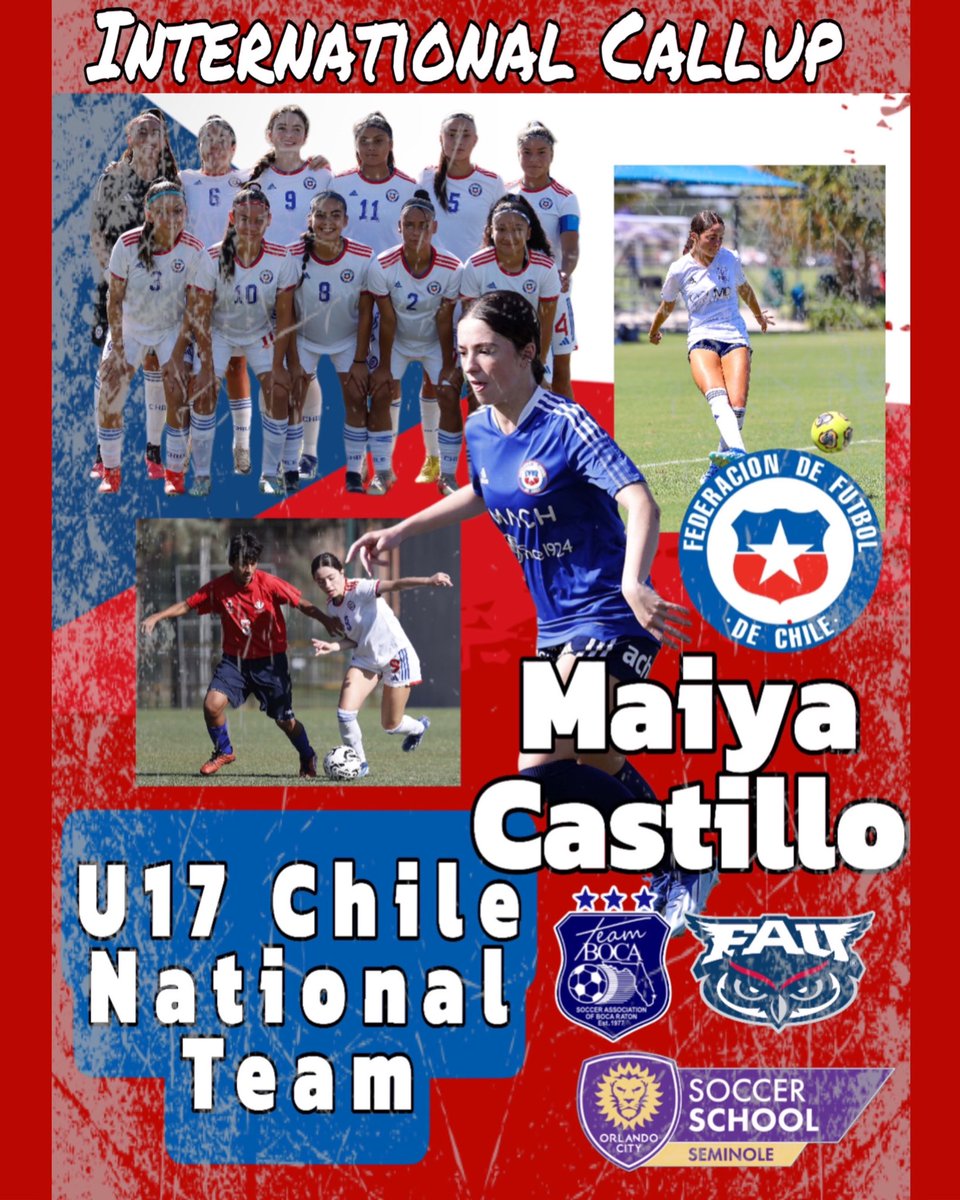 Congratulations to Team Boca U17 Ecnl RL, Maiya Castillo, who has been called up to represent the U17 Chile 🇨🇱 National team. 
 <a href="/FYSASoccer/">Florida Youth Soccer</a> <a href="/ECNLgirls/">ECNL Girls</a> <a href="/TheECNL/">The ECNL</a> <a href="/USClubSoccer/">US Club Soccer</a> <a href="/LaRoja/">Selección Chilena</a> <a href="/OrlandoCitySC/">Orlando City SC</a> 

Thank you 📸comunicaciones ffch