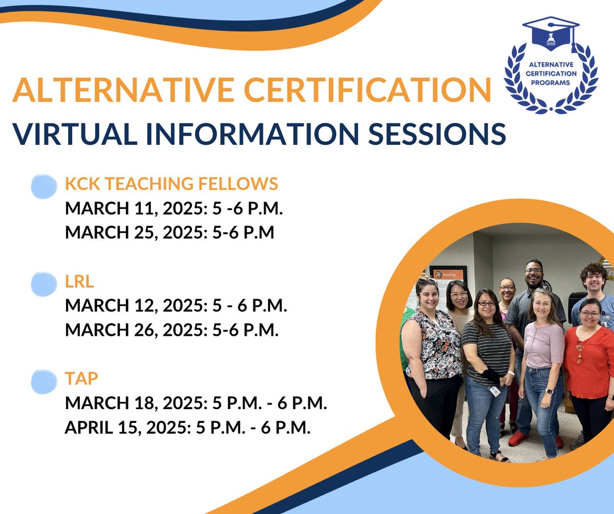 Thinking about becoming a teacher? 🍎 
Our Alternative Certification Programs can help you get certified! Join one of our virtual info sessions to learn how to start your teaching journey!
Read more and sign up here: kckschools.org/hr/pathways-to…
<a href="/kckschools/">Kansas City, Kansas Public Schools</a> #bettereveryday