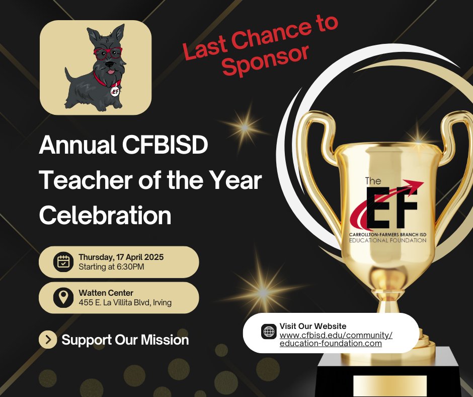 CFBEducationalFoundation (@cfbisdef) on Twitter photo 🚨 FINAL CALL! 🚨 LAST CHANCE to sponsor the CFBISD Teacher of the Year and make a lasting impact on our incredible educators. Don't miss out! Sponsor by March 14th! cfbisd.edu/community/educ… #CFBISD #TeacherOfTheYear #SupportTeachers #LastChance <a href="/CFBISD/">Carrollton-Farmers Branch ISD</a> 🚨 FINAL CALL! 🚨 LAST CHANCE to sponsor the CFBISD Teacher of the Year and make a lasting impact on our incredible educators. Don't miss out! Sponsor by March 14th! cfbisd.edu/community/educ… #CFBISD #TeacherOfTheYear #SupportTeachers #LastChance <a href="/CFBISD/">Carrollton-Farmers Branch ISD</a>