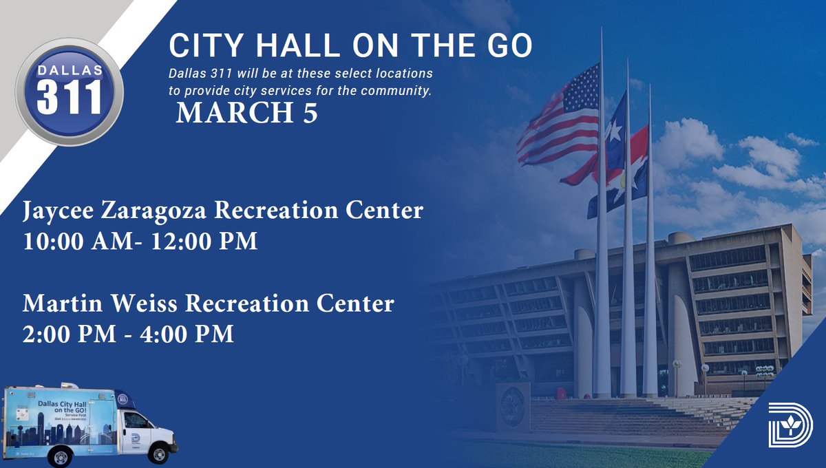 311Dallas's tweet image. Ready to make a difference? Please stop by at the location below and let us help you with your City of Dallas service requests .#dallasrecreationcenters #dallascode #dallas #dallasrecreationcenter #cityhallonthego #dallascityhall #dallascommunity #dallascitycouncil #dallasnews