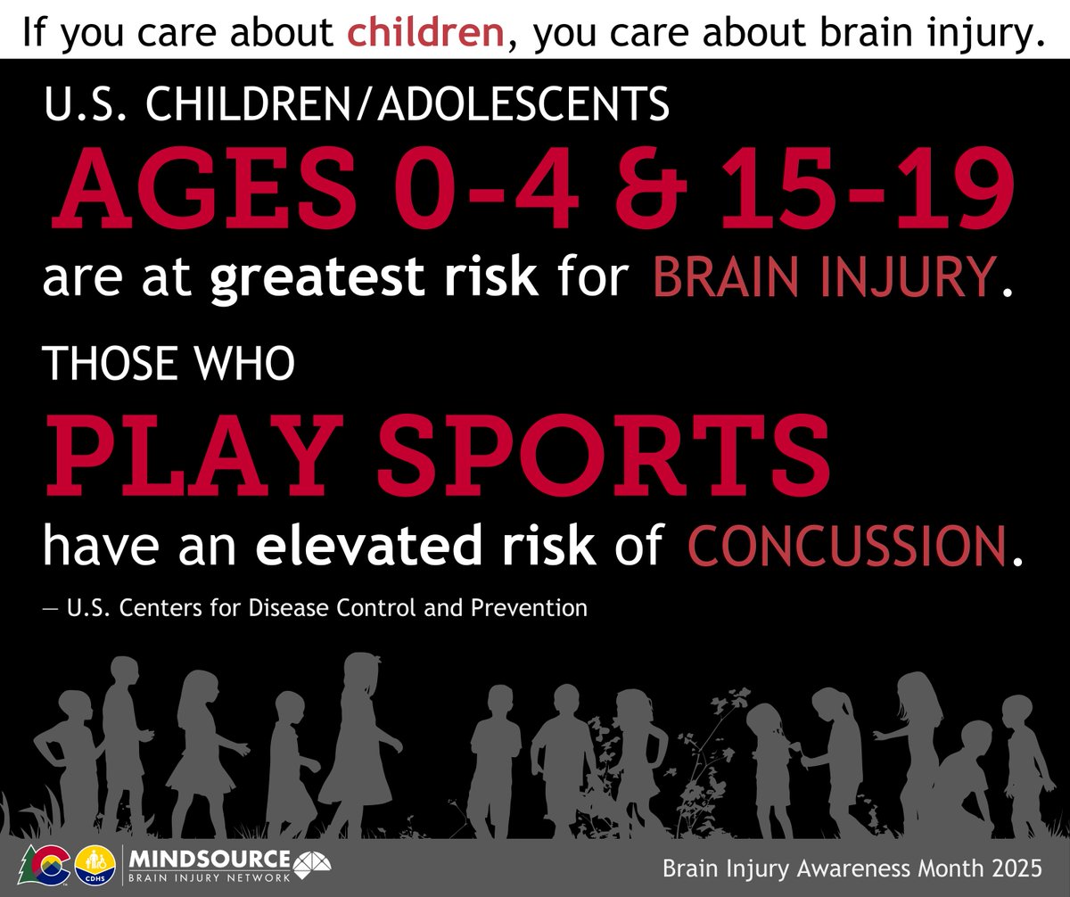 If you care about children, you care about brain injuries. 

Resources for youth and families: 
CDC's Heads Up campaign - cdc.gov/heads-up 
Brain Injury Association of Colorado - biacolorado.org 
MINDSOURCE - mindsourcecolorado.org 
#BrainInjuryAwarenessMonth2025
