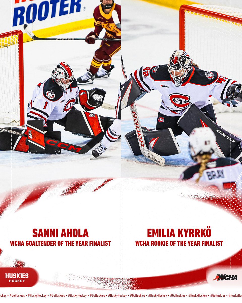 𝑾𝑪𝑯𝑨 𝑨𝑾𝑨𝑹𝑫 𝑭𝑰𝑵𝑨𝑳𝑰𝑺𝑻𝑺  🥅

🏆 𝐒𝐚𝐧𝐧𝐢 𝐀𝐡𝐨𝐥𝐚 and 𝐄𝐦𝐢𝐥𝐢𝐚 𝐊𝐲𝐫𝐤𝐤𝐨̈ have been named <a href="/WCHA_WHockey/">WCHA Hockey</a> Award Finalists 🤩

Ahola is a finalist for Goaltender of the Year and Kyrkkö is a finalist for Rookie of the Year 👏

#HuskyHockey 🏒 | #GoHuskies🐾