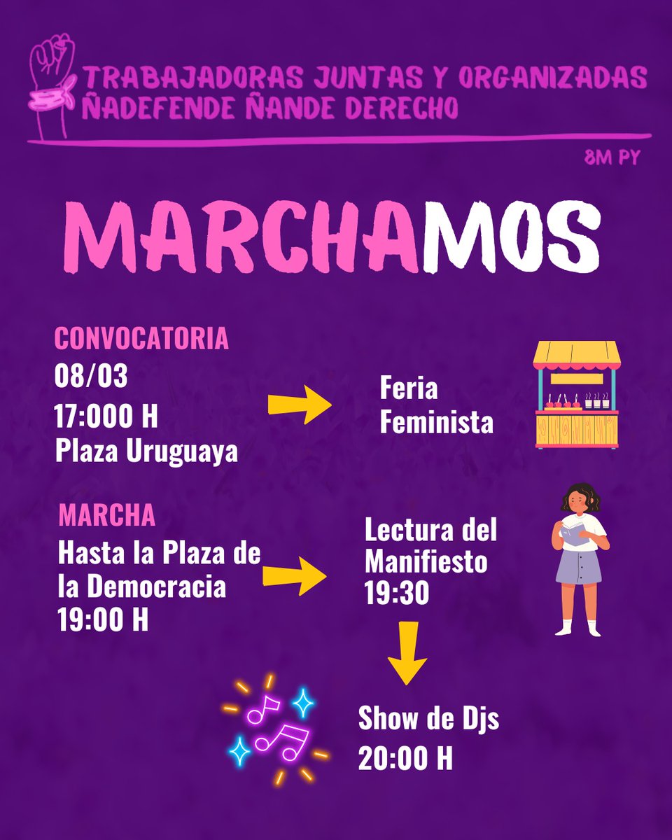 Las trabajadoras marchamos este #8MPy2025 en defensa de nuestros derechos laborales, contra todo tipo de violencia y en repudio al crimen organizado. 

💜 Organizadas y juntas somos fuertes 💪

Nos vemos 👇