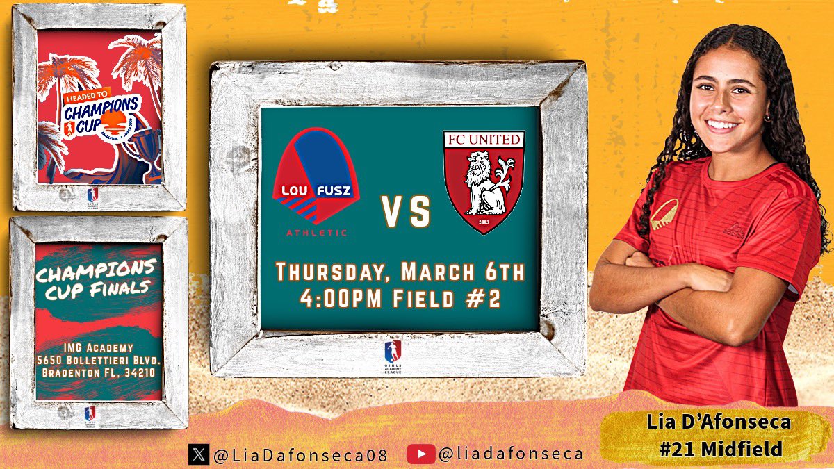 Lia D’Afonseca (@liadafonseca08) on Twitter photo Excited to play against tough competition in the <a href="/GAcademyLeague/">Girls Academy</a> Champions Cup Finals! Less than 24 hours we’ll be in the ☀️ and getting ready to compete!
<a href="/LouFusz2008GA/">Lou Fusz 2008 GA</a> <a href="/ImCollegeSoccer/">College Soccer Truth ™</a> <a href="/ImYouthSoccer/">ECNL/GA/Recruiting/College Soccer</a> Excited to play against tough competition in the <a href="/GAcademyLeague/">Girls Academy</a> Champions Cup Finals! Less than 24 hours we’ll be in the ☀️ and getting ready to compete!
<a href="/LouFusz2008GA/">Lou Fusz 2008 GA</a> <a href="/ImCollegeSoccer/">College Soccer Truth ™</a> <a href="/ImYouthSoccer/">ECNL/GA/Recruiting/College Soccer</a>