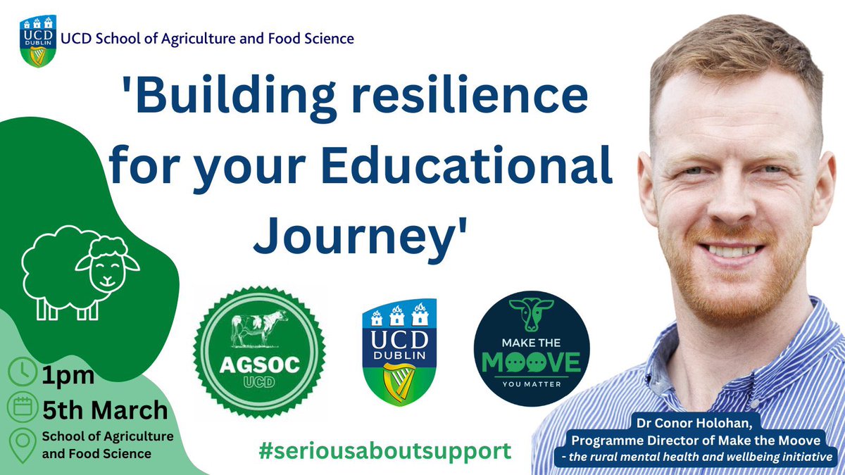 UCD School Ag & Food (@ucdagfood) on Twitter photo 👋Don’t forget!!! Tomorrow!!!
<a href="/UCD_Ag_Soc/">UCD Agricultural Science Society</a> and <a href="/ucdagfood/">UCD School Ag & Food</a>
are delighted to host a talk on 'Building resilience for your Educational Journey", given by Dr <a href="/conor_holohan/">Conor Holohan</a>
, Programme Director of Make the Moove - the rural mental health and wellbeing initiative.
The talk is 👋Don’t forget!!! Tomorrow!!!
<a href="/UCD_Ag_Soc/">UCD Agricultural Science Society</a> and <a href="/ucdagfood/">UCD School Ag & Food</a>
are delighted to host a talk on 'Building resilience for your Educational Journey", given by Dr <a href="/conor_holohan/">Conor Holohan</a>
, Programme Director of Make the Moove - the rural mental health and wellbeing initiative.
The talk is