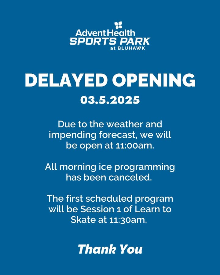 The cold weather is back 🥲🥶 

We will have a delayed opening tomorrow, Wednesday, March 5th, due to the impending forecast. All morning ice programming has been canceled. The first scheduled program will be Learn to Skate at 11:30am!
