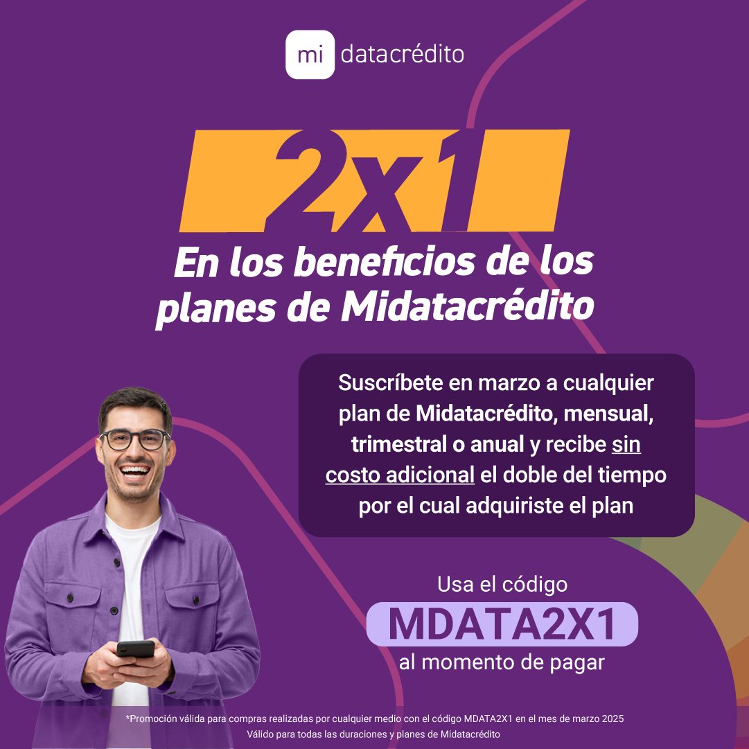 Midatacredito's tweet photo. ⚠️PROMOCIÓN ESPECIAL EN MIDATACRÉDITO⚠️  
 Ingresa hoy a Midatacrédito y Aprovecha el 2x1 en cualquiera de nuestros Planes, Usa el Código MDATA2X1 ✅

#ATuFavor #Midatacredito #Datacredito